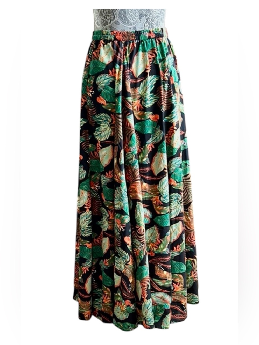 Christian Siriano Black Maxi Skirt with Tropical Green & Coral Leaf Print NWT